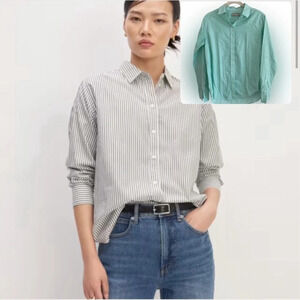 EVERLANE GREEN & White The Silky Cotton Relaxed Shirt Striped 100% Cotton Size 2